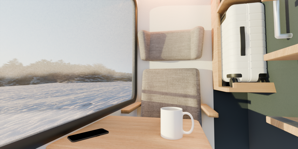 An image of a bright compartment of a train with cozy interior design