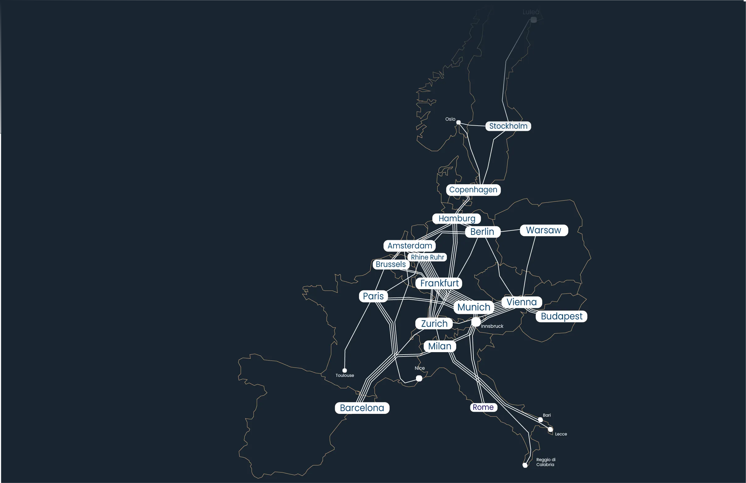 A map showing the European route map of the private room only night train company Nox